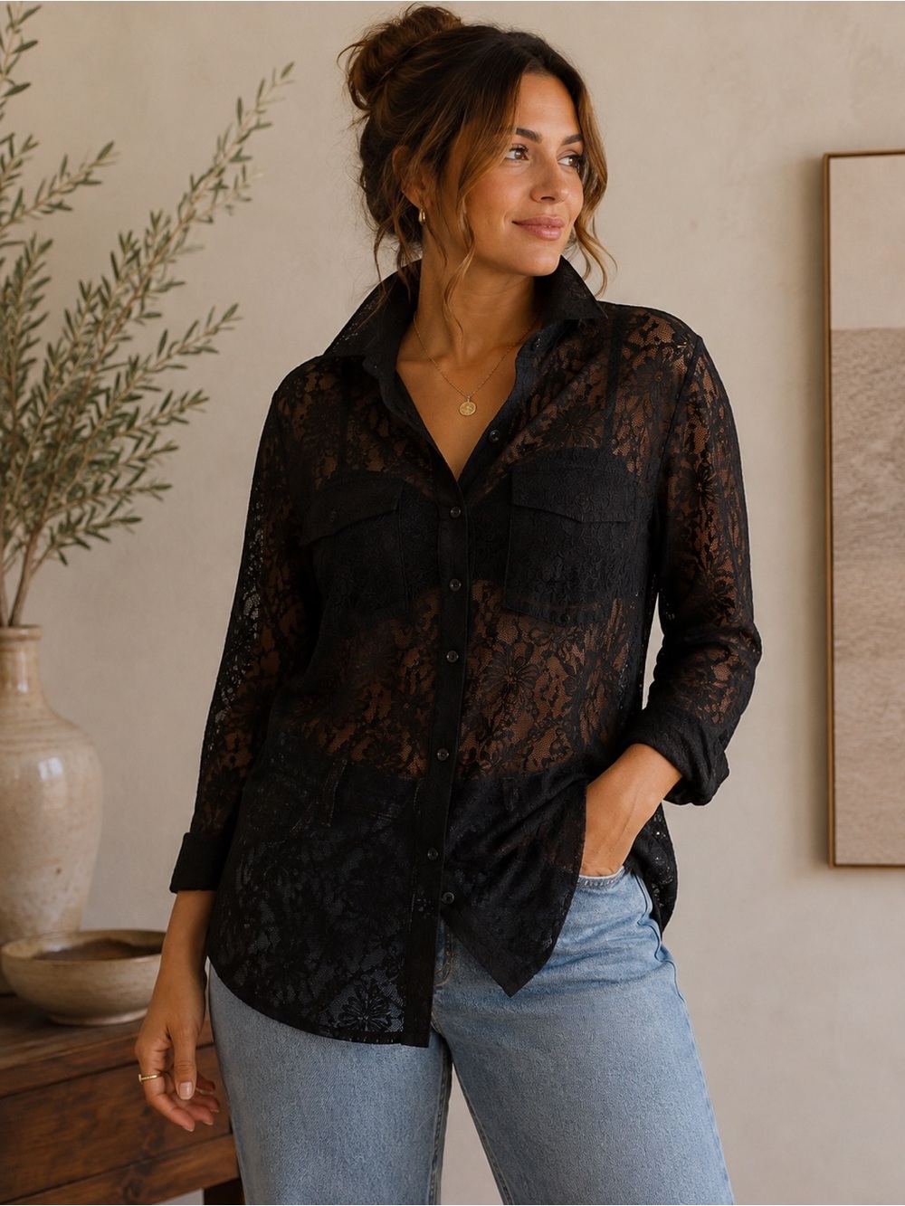 Black Floral Lace Button-Up Blouse | Sheer Long Sleeve | Size L